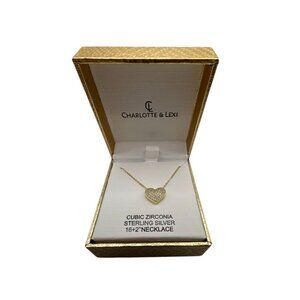 NEW Gold Valentine's Cubic Zirconia 925 Sterling Silver 16+2" Heart Necklace